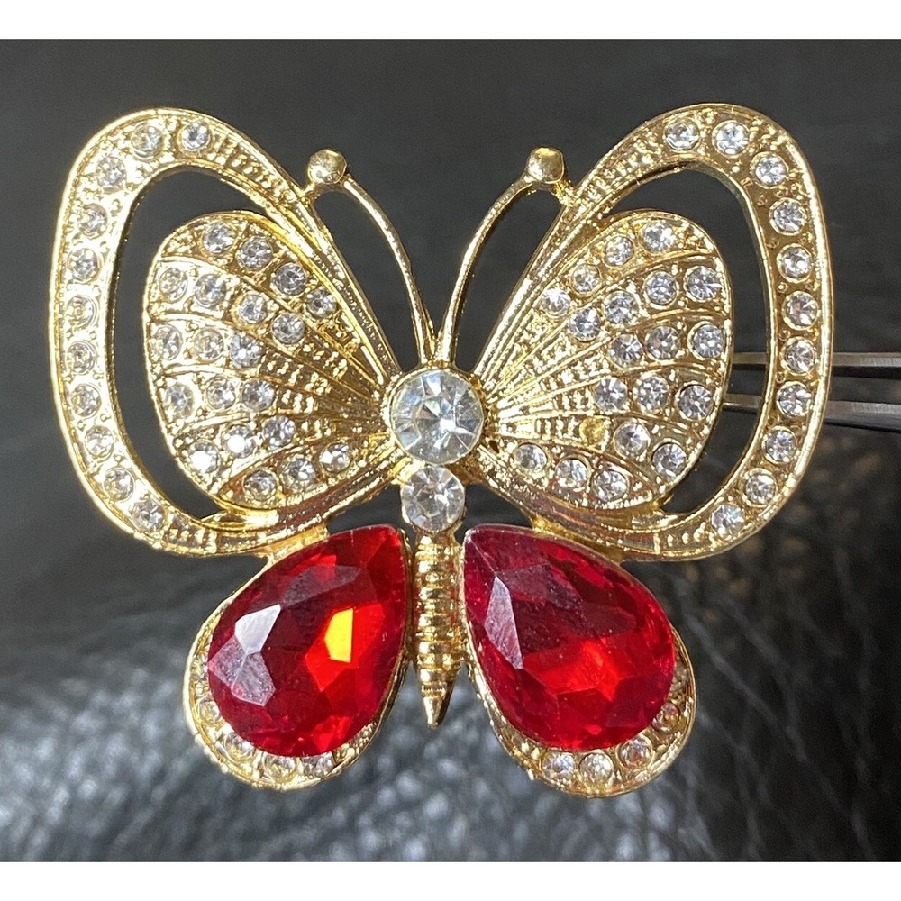 Butterfly Jewelry Brooch Red & Clear Rhinestones Decorated Over Gold Tone Metal